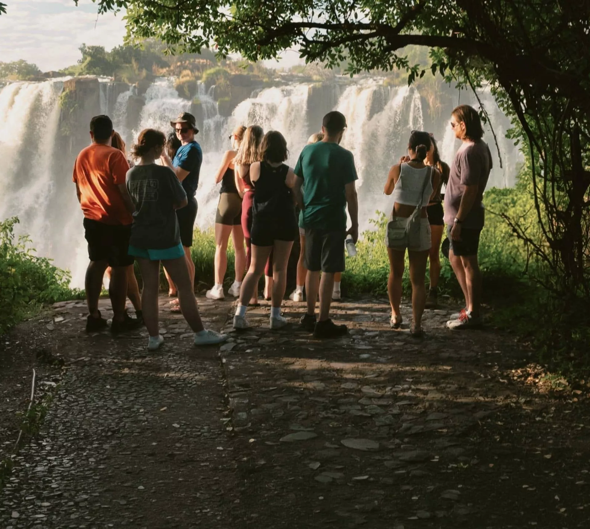 Contiki travellers viewing Victoria Falls from a rainforest lookout on the Victoria Falls Mini Break Tour