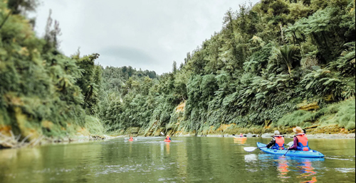 Tourists canoeing down the river in the forest