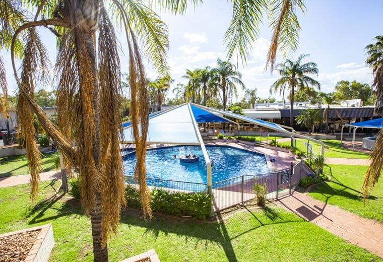 A view of a swimming pool outside an Australian hotel