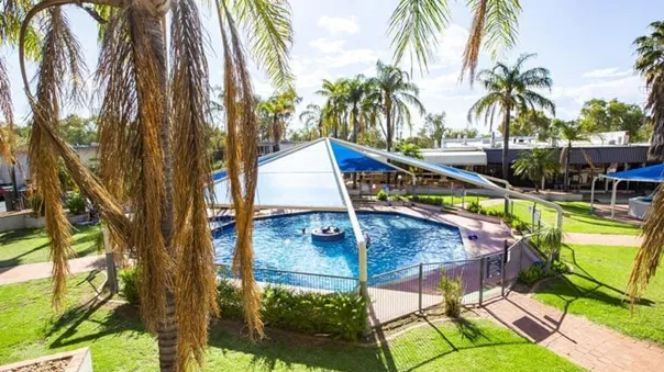 A view of a swimming pool outside an Australian hotel