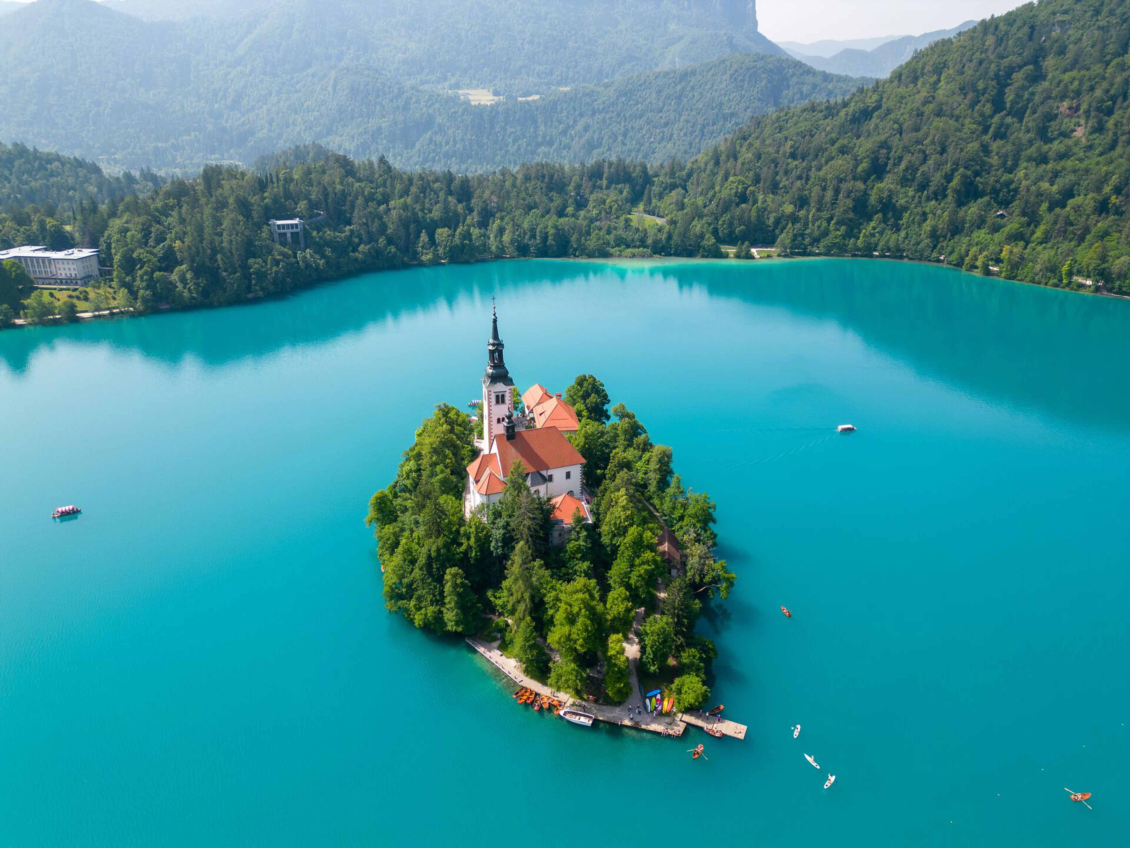 Aerial View Of Church On Lake Bled Slovenia