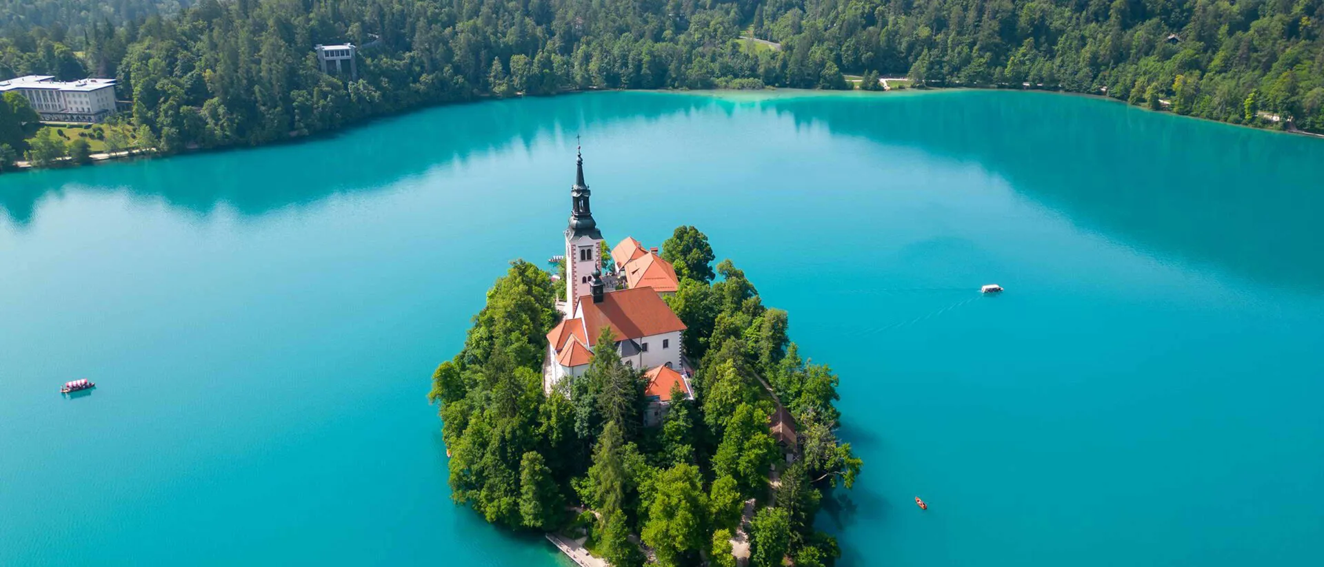 Aerial View Of Church On Lake Bled Slovenia