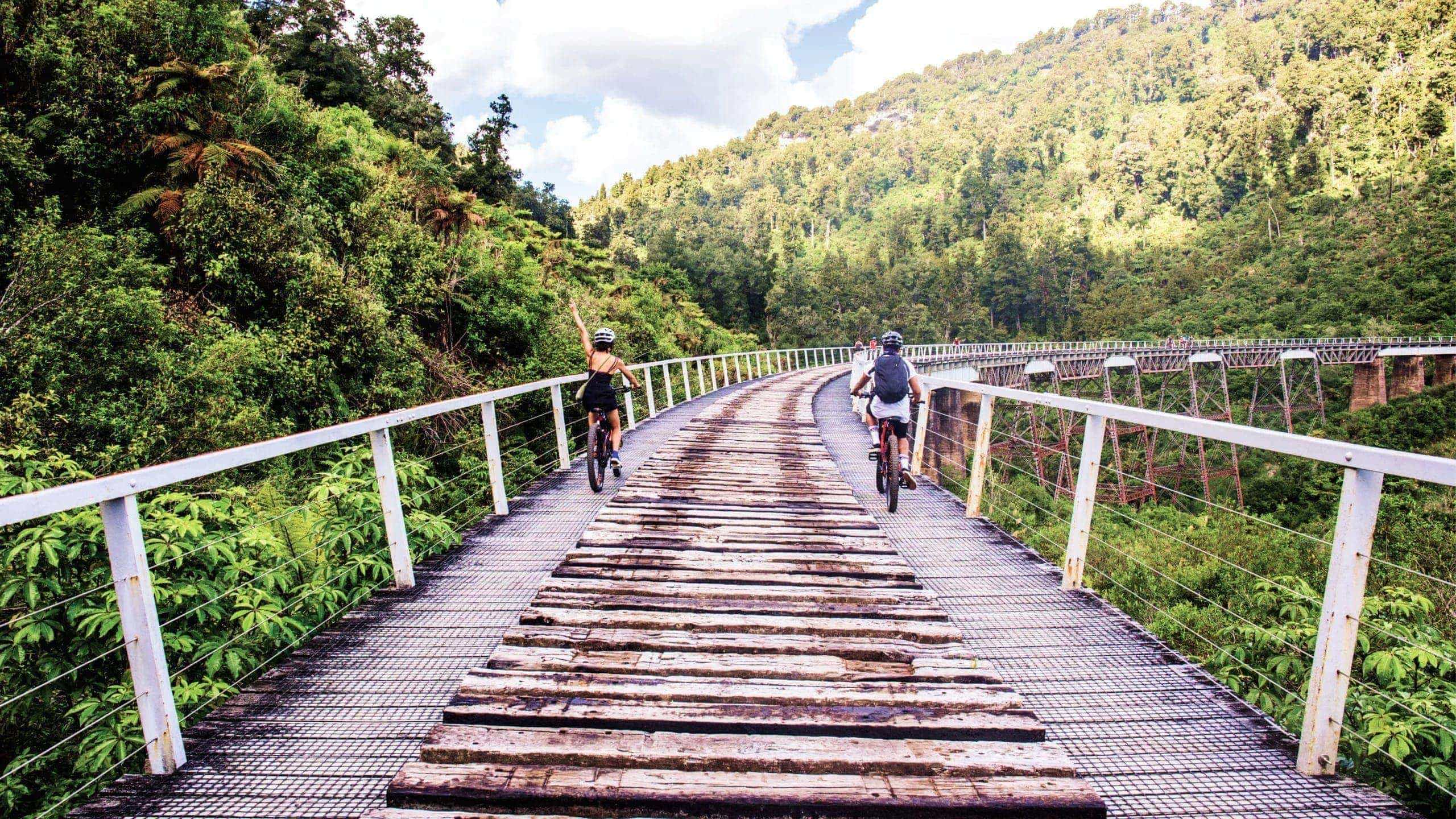 Travellers cycling across a scenic railway bridge through native forest on the Contiki Wild New Zealand Tour