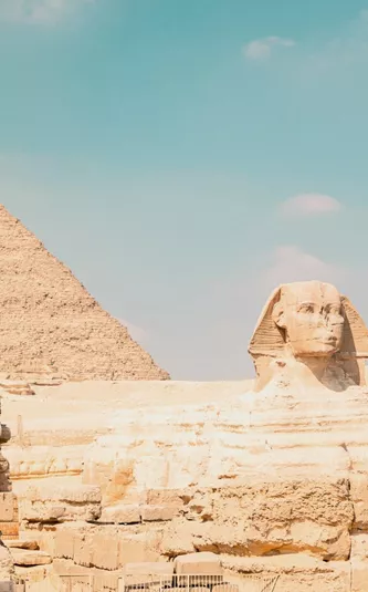 Great Sphinx and Pyramid of Khafre in Giza on a Contiki Egypt and Nile trip