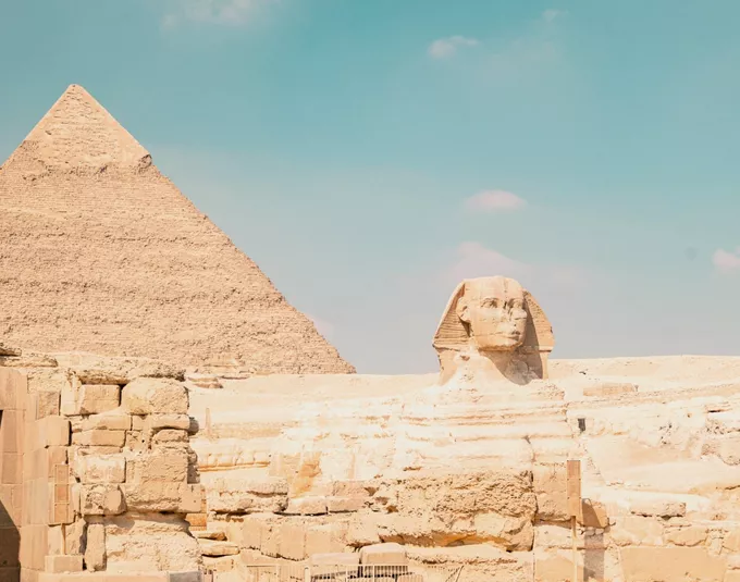 Great Sphinx and Pyramid of Khafre in Giza on a Contiki Egypt and Nile trip