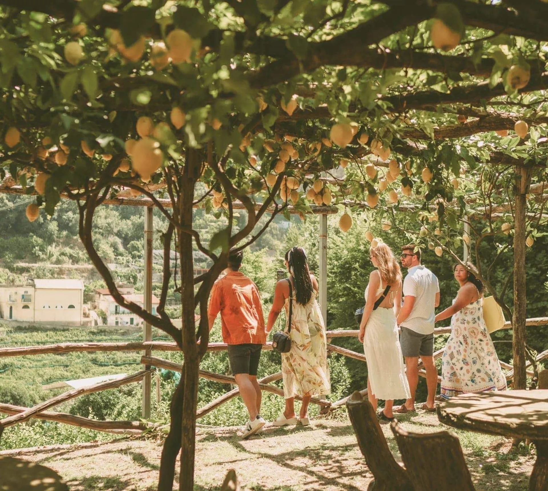 Travellers walking beneath a lemon grove in Italy, during Contiki's Amalfi Coast & Sicily Tour