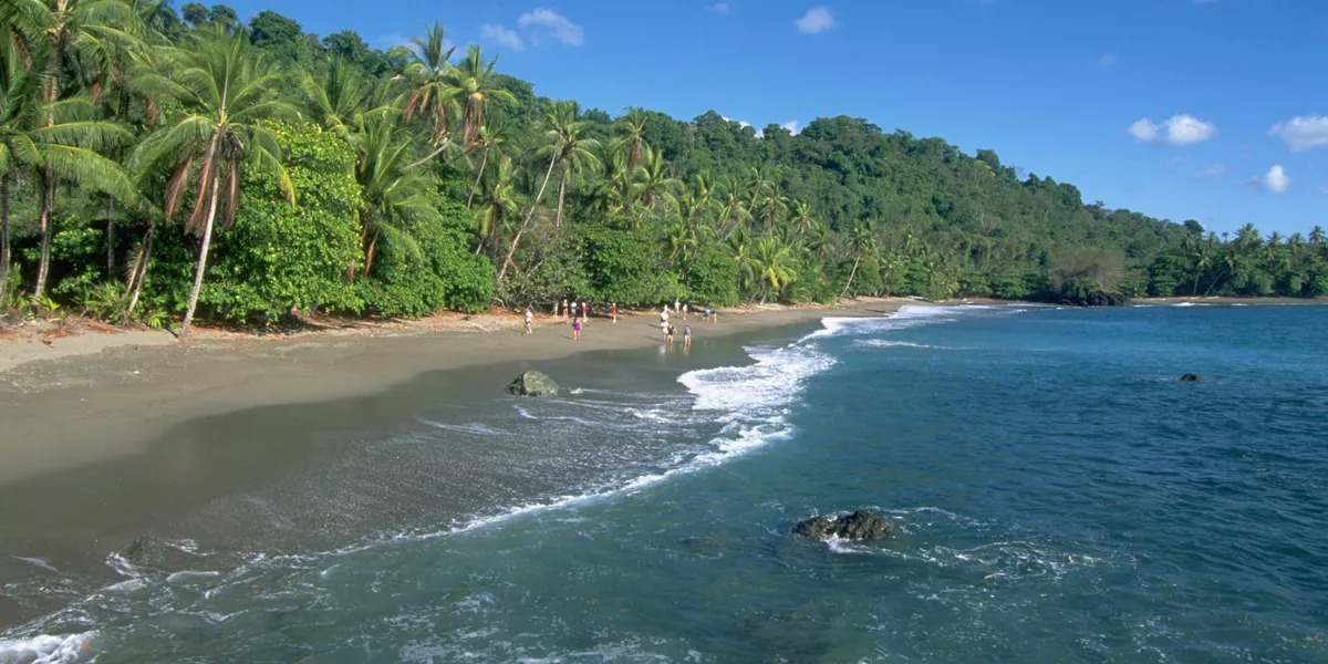 Beach, sunny day, blue sea, and nature around in Costa Rica.