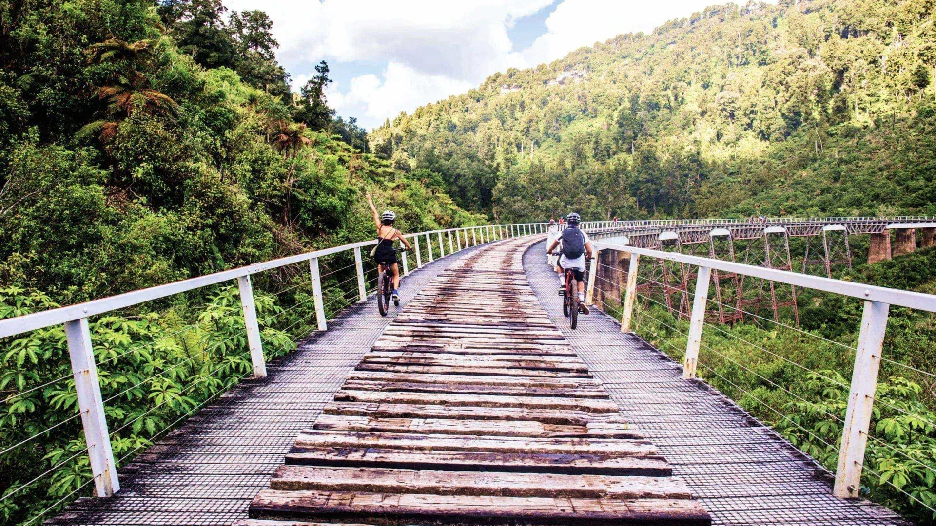 Travellers cycling across a scenic railway bridge through native forest on the Contiki Wild New Zealand Tour