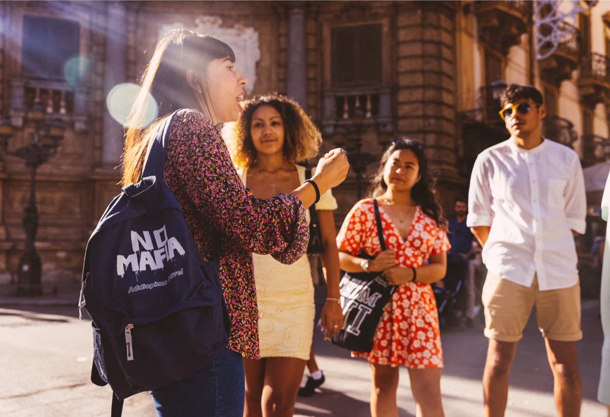 Group of travellers on a No Mafia tour in Sicily, Italy