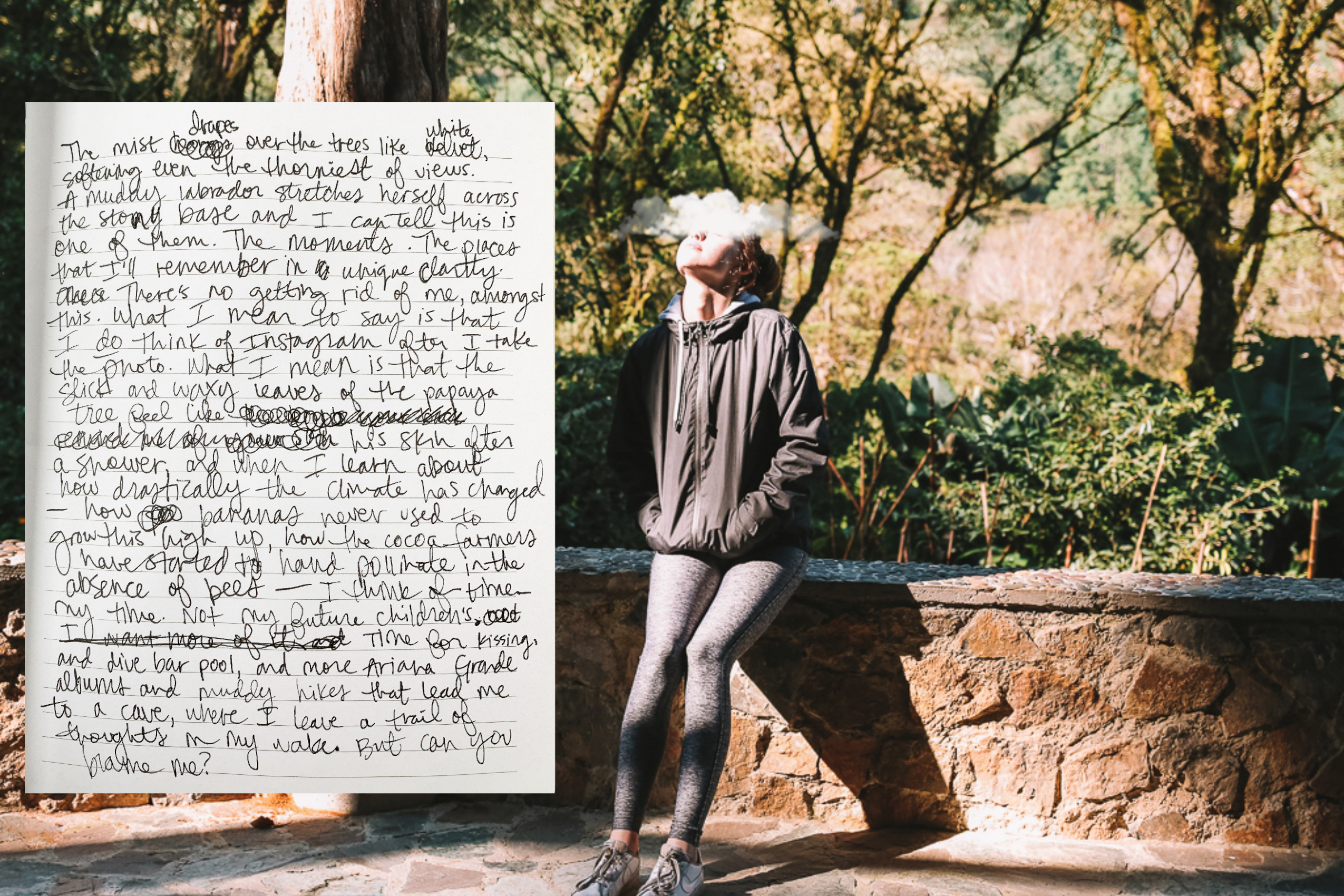 Sun shining on a young woman sitting on a wall looking up at the sky.