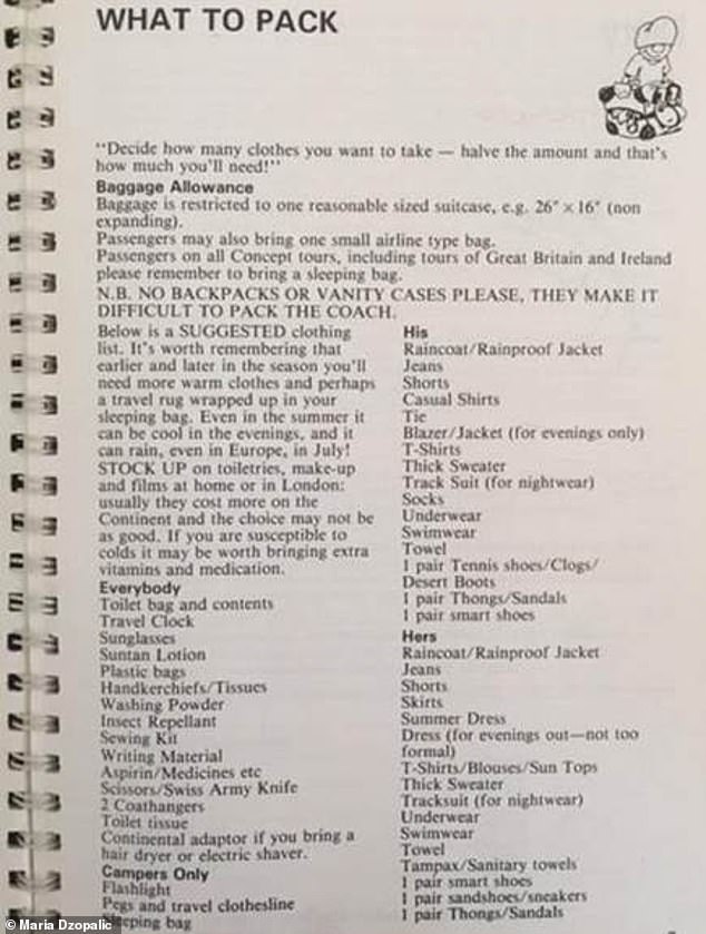 List of things to pack on a Contiki trip from one of their brochures.