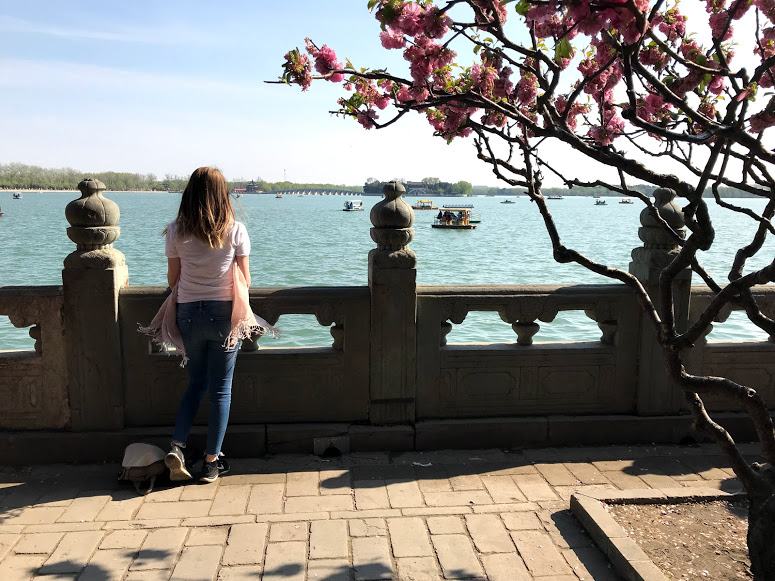 Young woman looking at boats in a river with cherry blossom trees in shot.