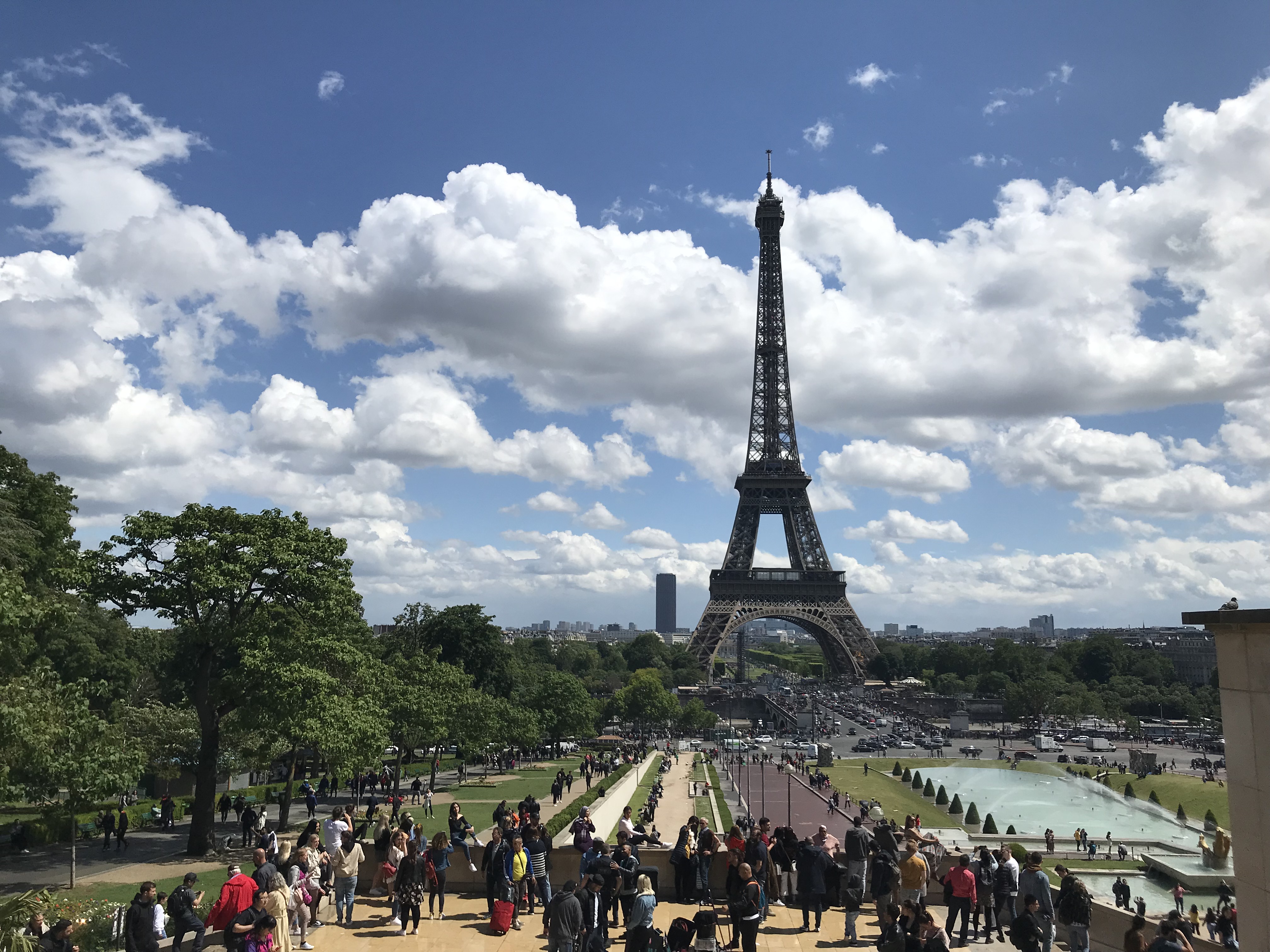 Tourists in Paris, France with the Eiffel Tower in the background.
