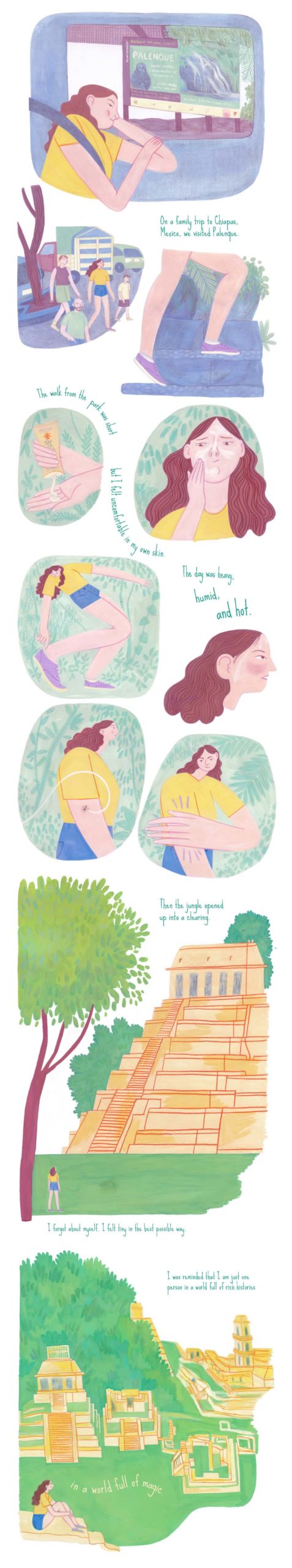 Artwork of a young woman's trip to the Mayan Ruins of Palenque in Mexico.