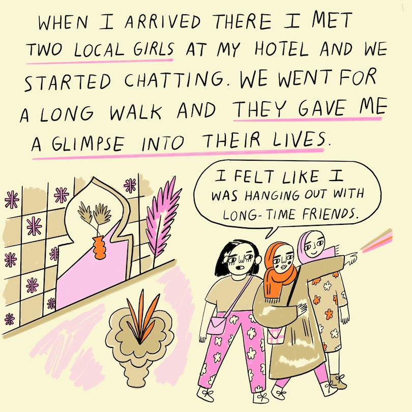 Artwork by Pepita Sandwich about making friends with two local girls in Morocco.