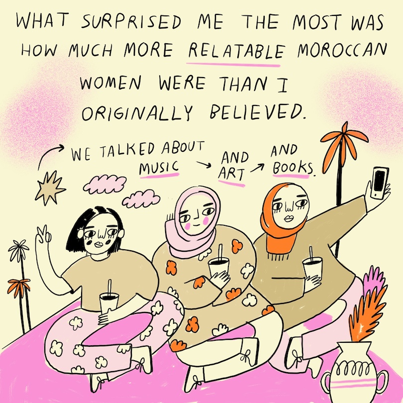 Artwork by Pepita Sandwich about having things in common with two local girls in Morocco.