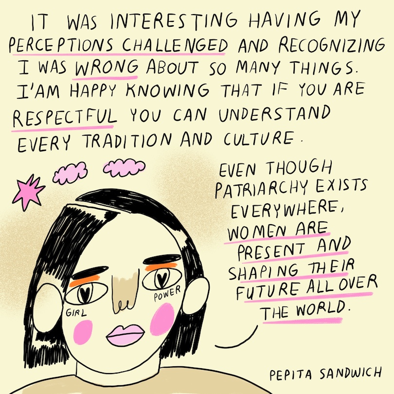 Artwork by Pepita Sandwich about respecting women in every culture.