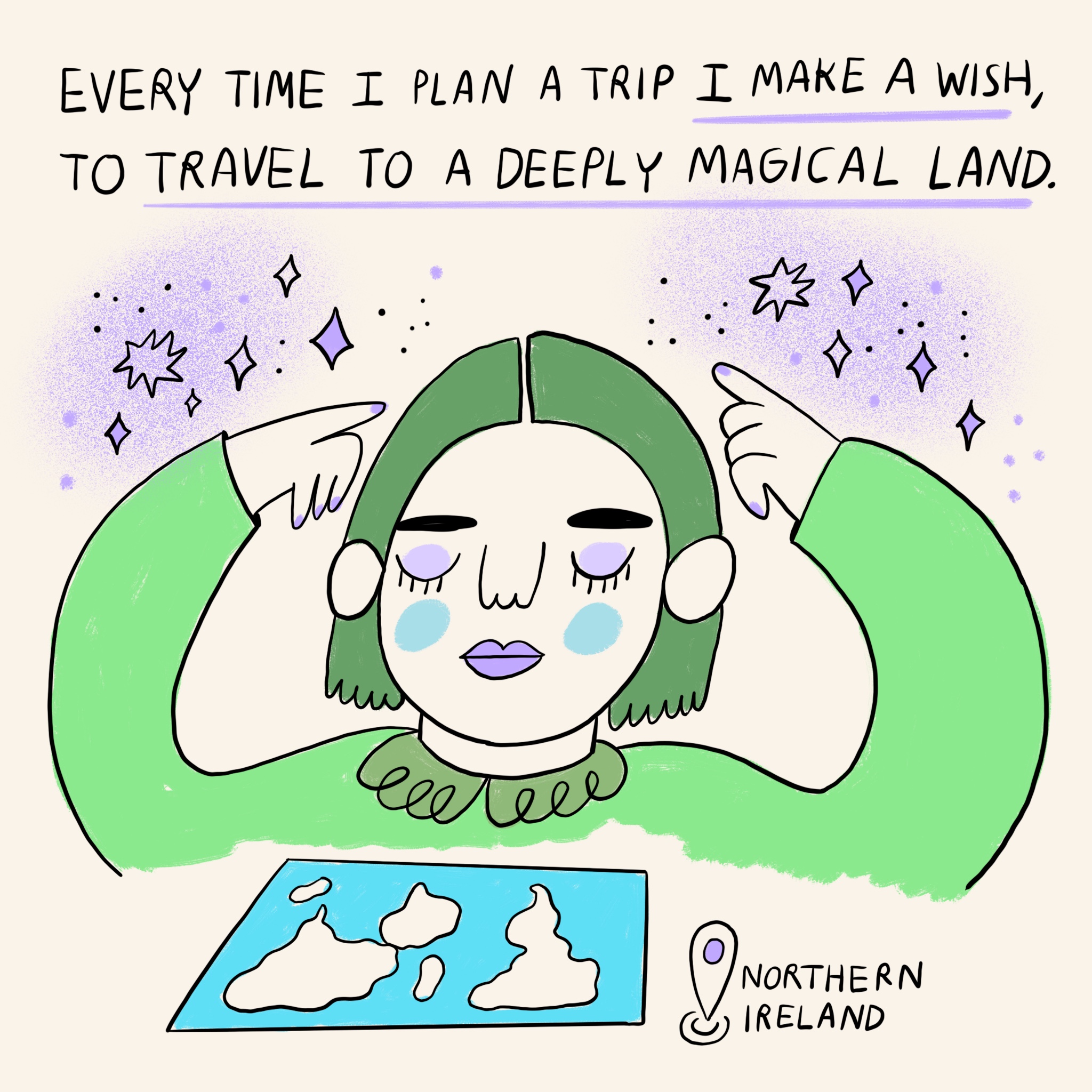Artwork by Pepita Sandwich about making a wish and travelling to a magical land (Northern Ireland).