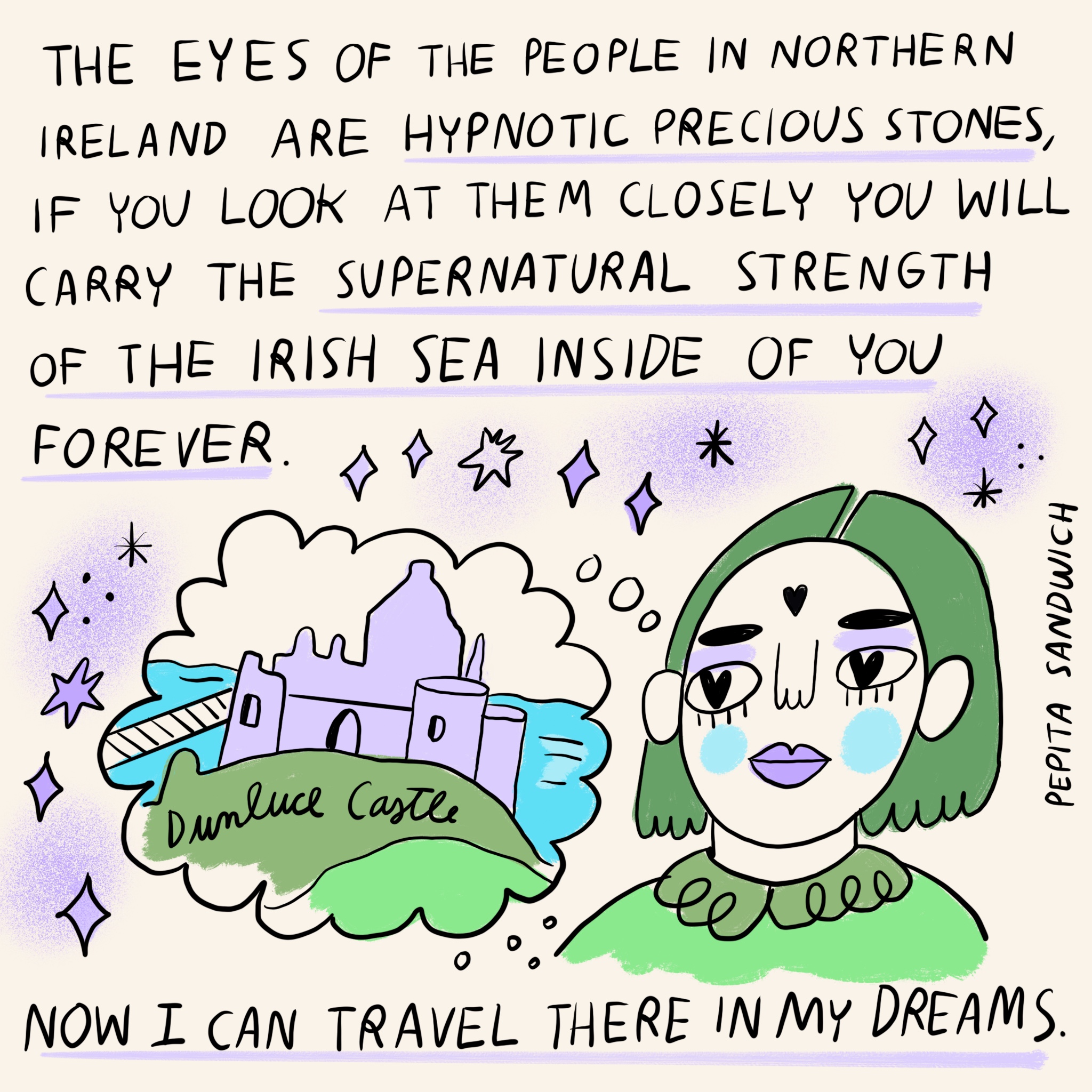 Artwork by Pepita Sandwich featuring Dunluce Castle in Northern Ireland.