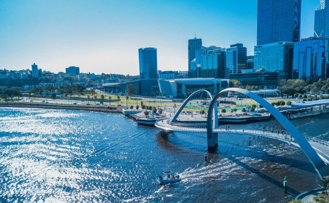 An aerial view of a bridge over a river in Perth.