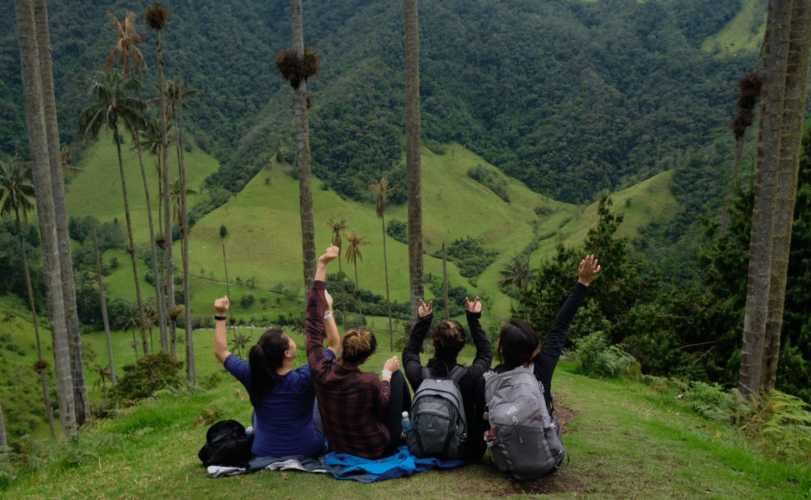 A group of people sitting on top of a hill with palm trees in the background during a Colombia travel.
