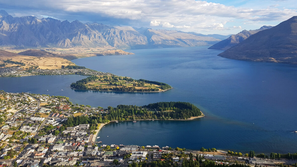 Aerial view of Queenstown, New Zealand, one of the top travel destinations for 2020.