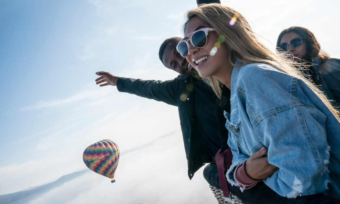 Hot air balloon ride over Cappadocia showcasing other cultures.