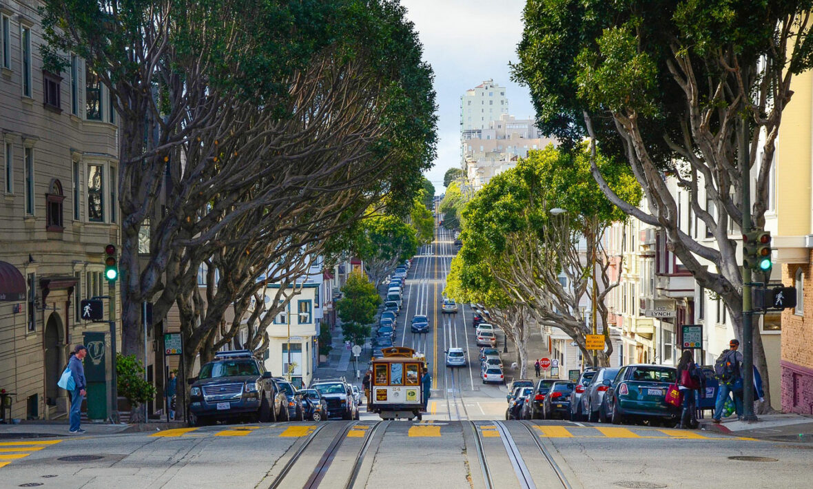 Cable car on a street in San Francisco, California near camp in Yosemite.