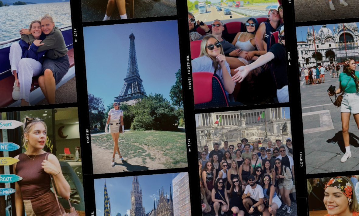 A collage of photos of people in different places.