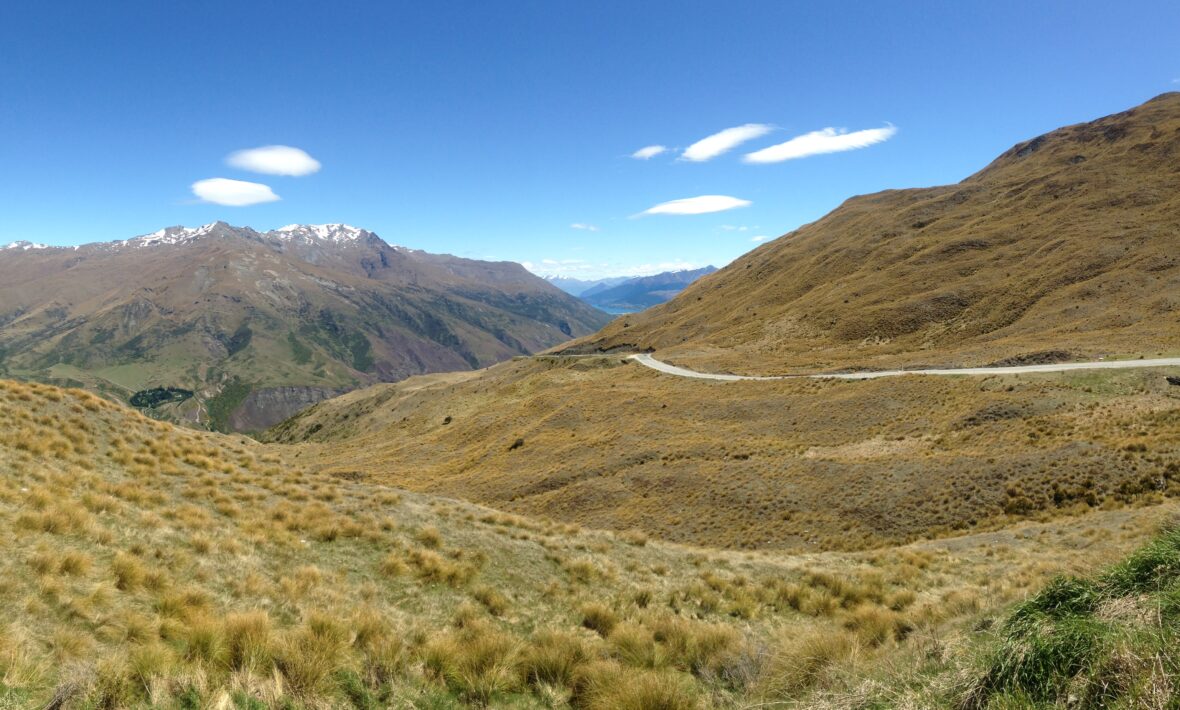 A person is standing on a grassy hill with mountains in the background in New Zealand.