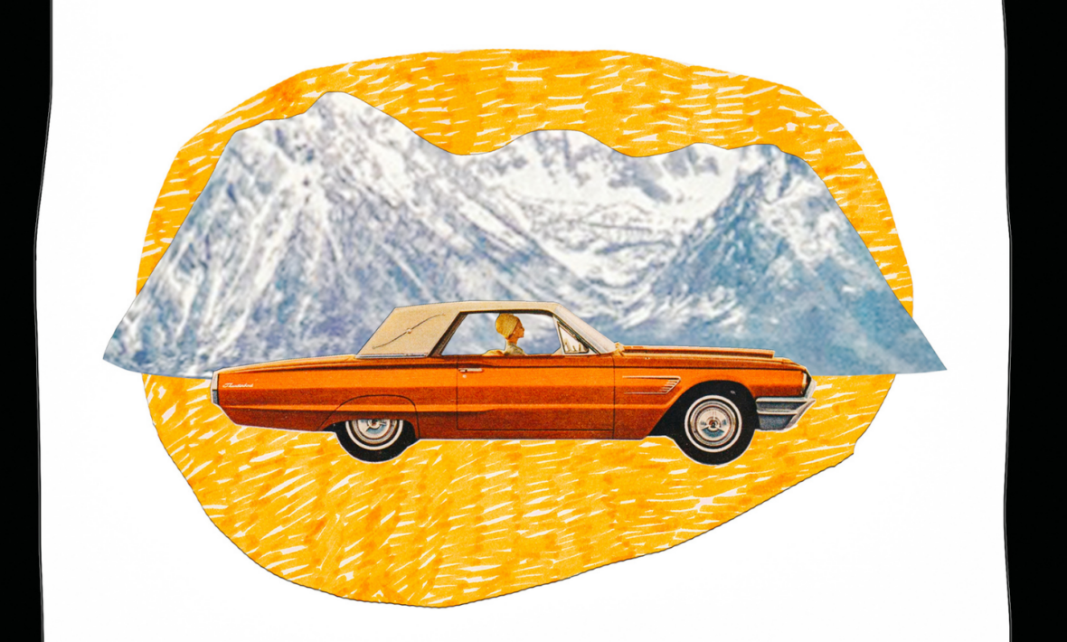 A drawing of a car with mountains in the background.