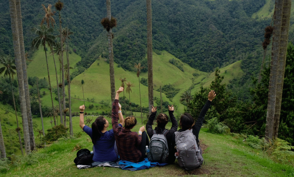 A group of people sitting on top of a hill with palm trees in the background during a Colombia travel.