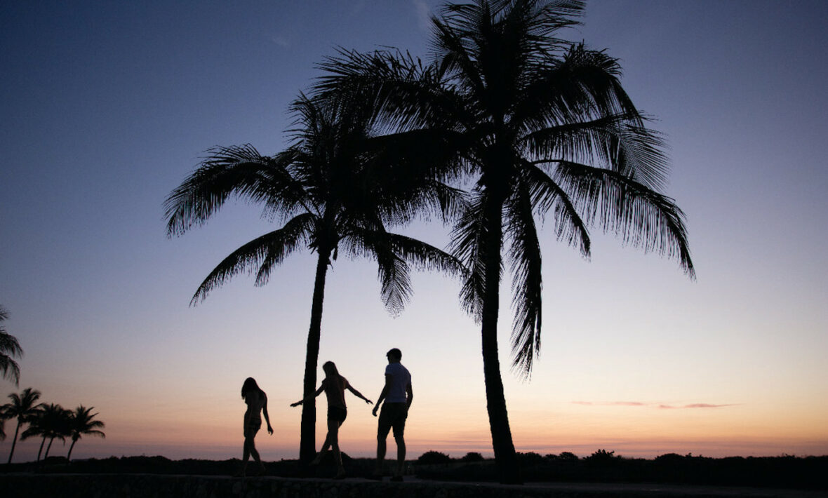 A group of people standing under palm trees, capturing one of the most Instagrammable places in Miami at sunset.