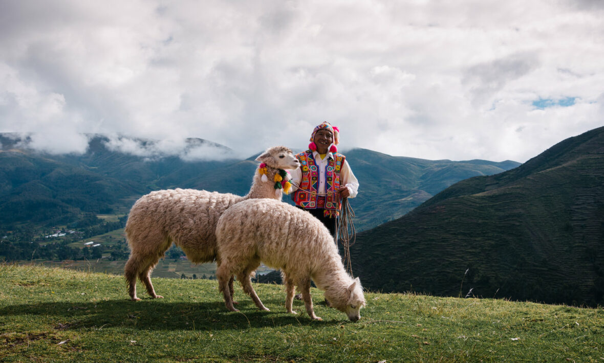 man in traditional andean clothing with llamas in peru