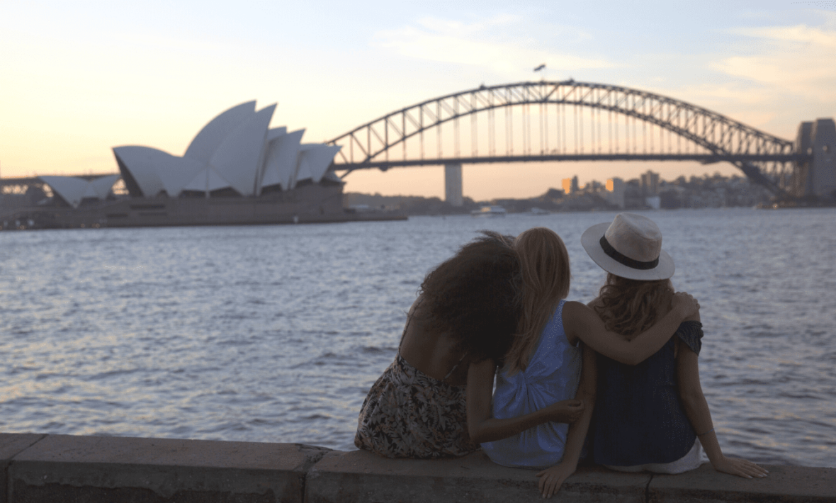 Travellers resting by waterfront in Sydney, Australia