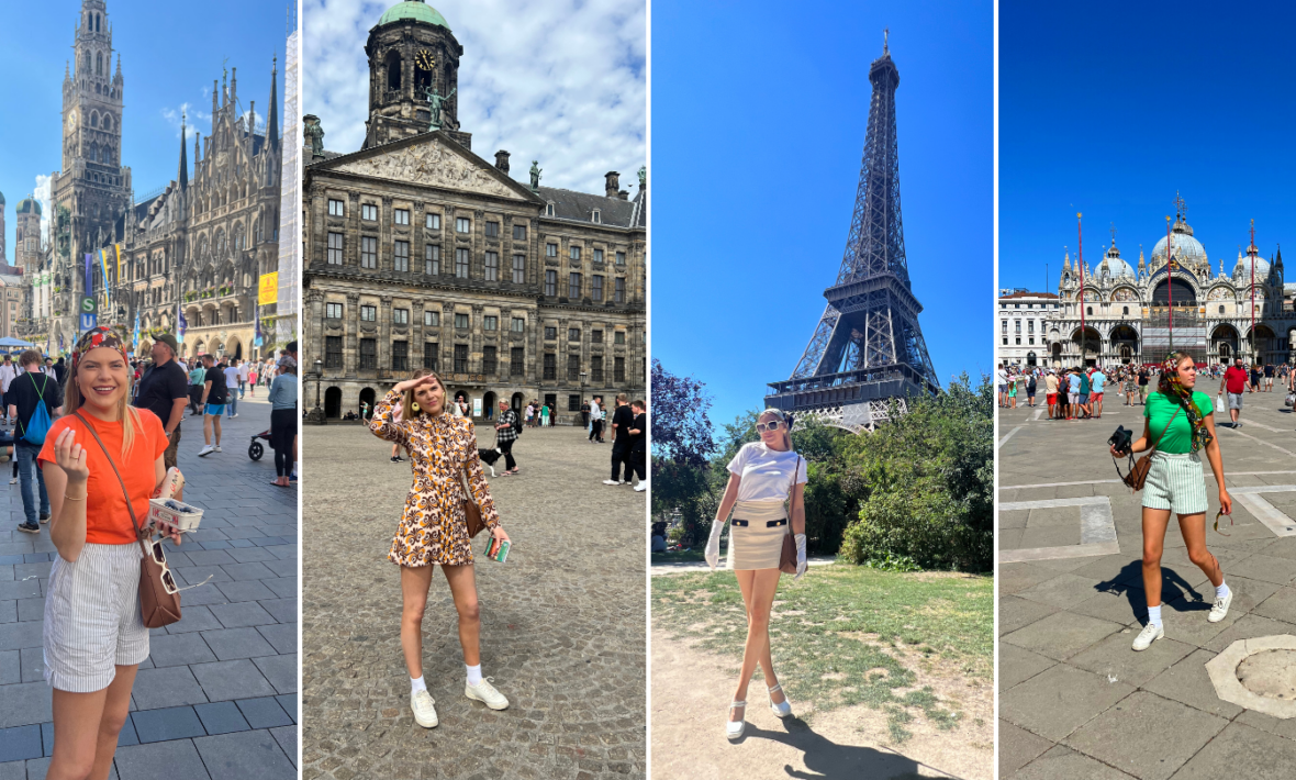 Collage of a young woman in front of prominent global tourist attractions