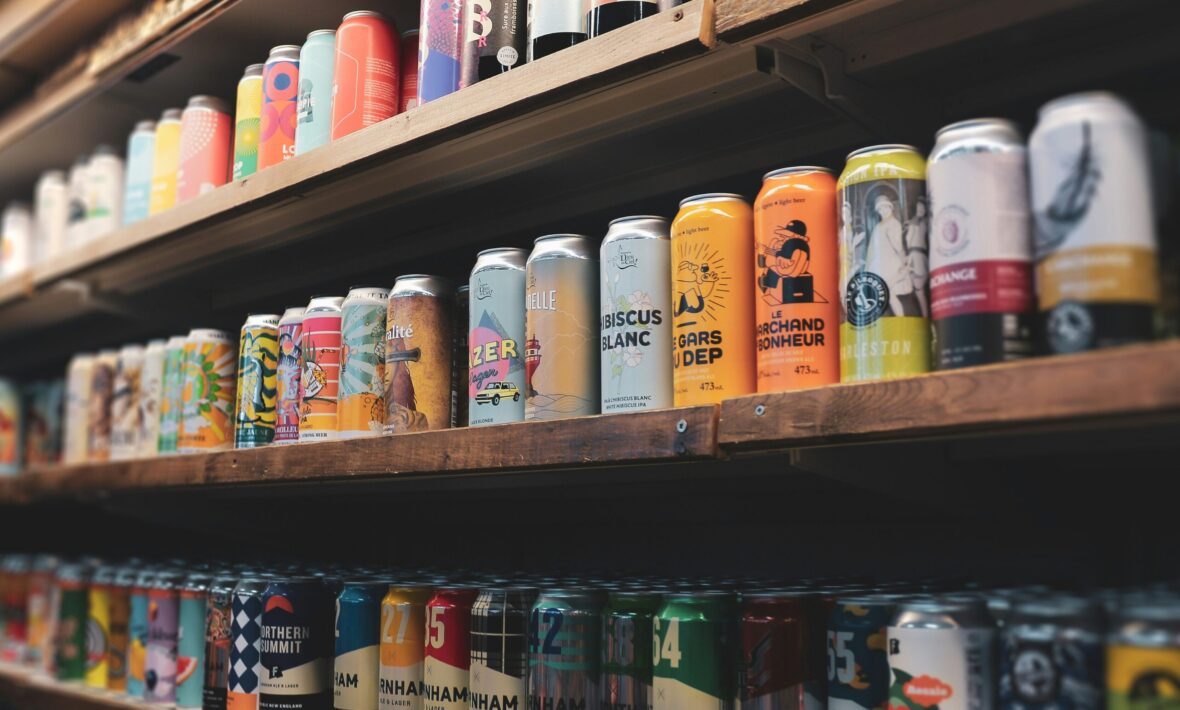 colorful craft beer cans on a shelf
