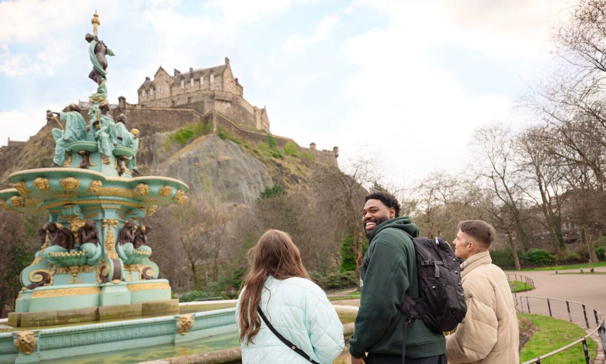 Views of Edinburgh Castle in Scotland with bronze statue