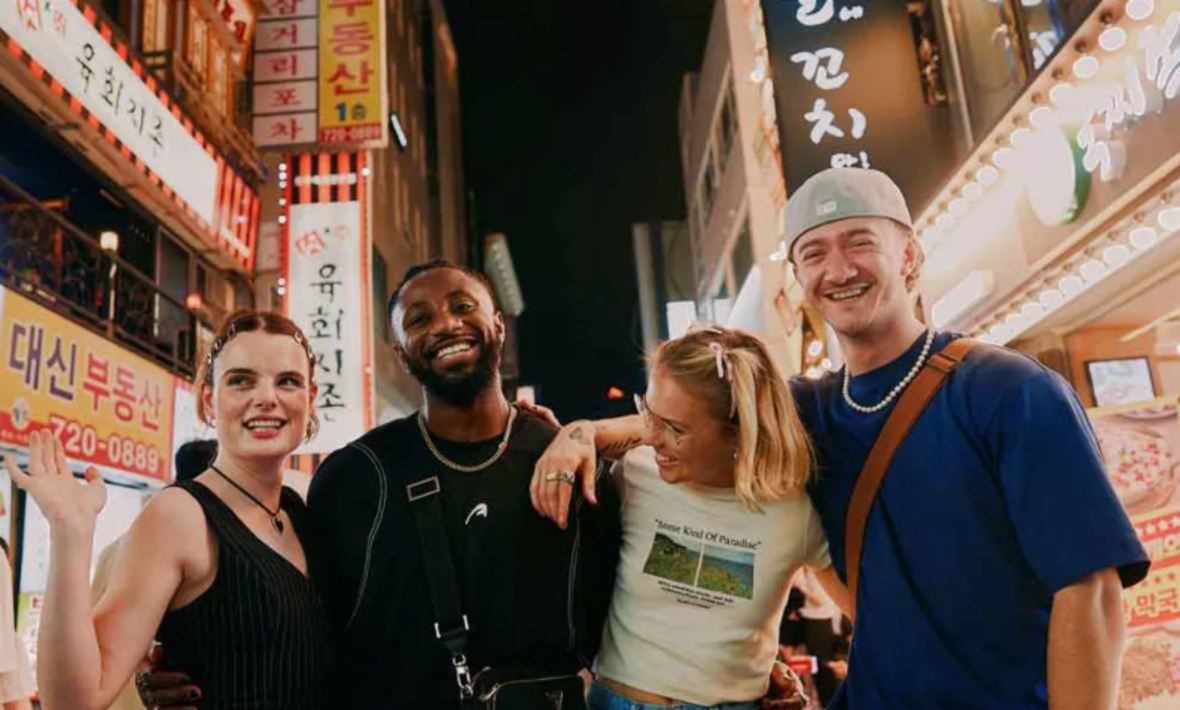 group of friends in South Korea on a Contiki