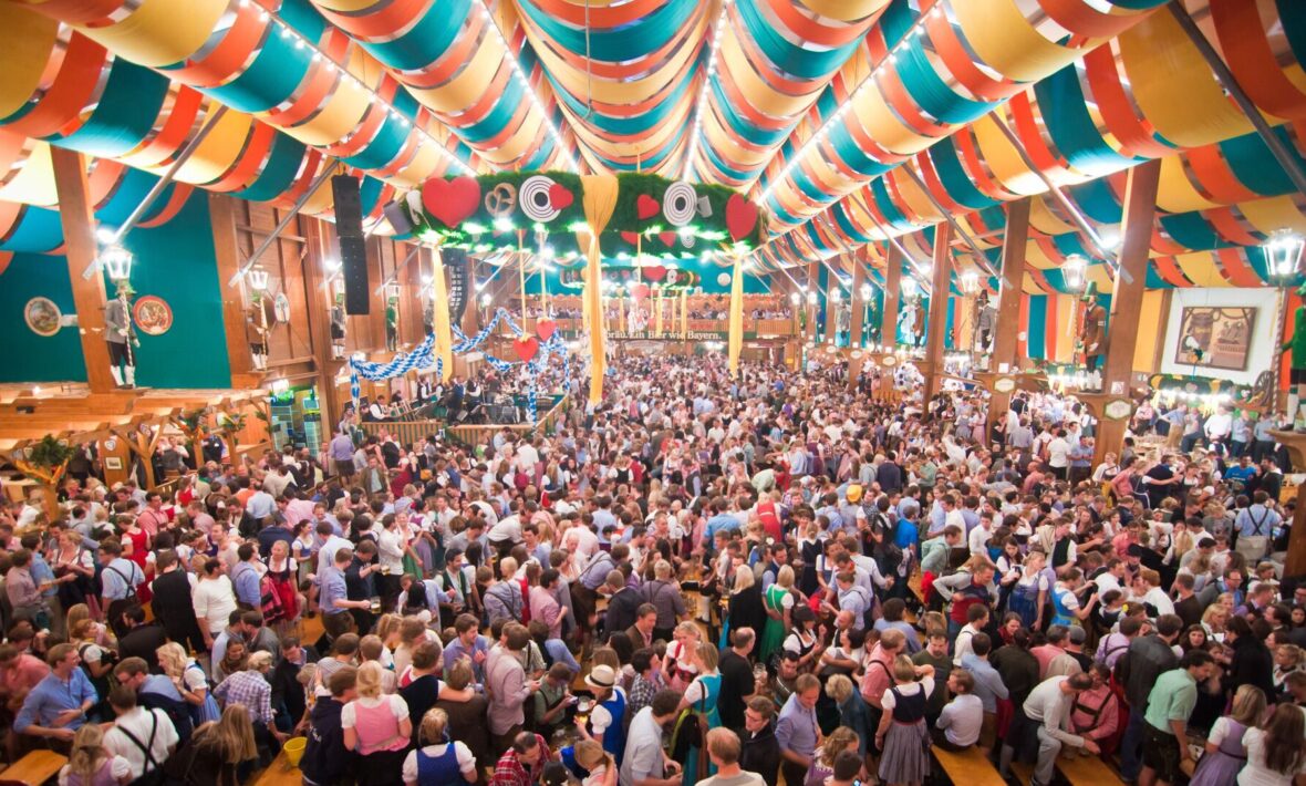 Crowds gathering in Schützen Festzelt at Oktoberfest in Munich
