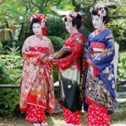 geishas in Japan dressed in their ornate kimonos