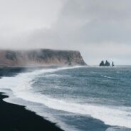 black sand beach of Iceland with dramatic waves