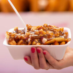 A person holding a bowl of fries and gravy, showcasing the best poutine in Montreal.