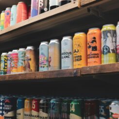 colorful craft beer cans on a shelf