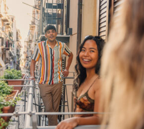 group of friends meeting abroad