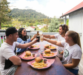 A group of people toasting at a table with plates of food during Mardi Gras.