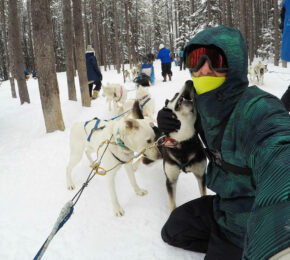 A man is taking a selfie with a group of huskies.