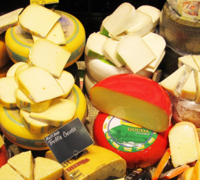 A variety of cheeses are displayed at the London cheese festival.
