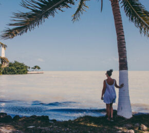 A woman is standing under a palm tree near the ocean, one of the best places to travel in November.