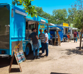 A blue food truck in Austin.